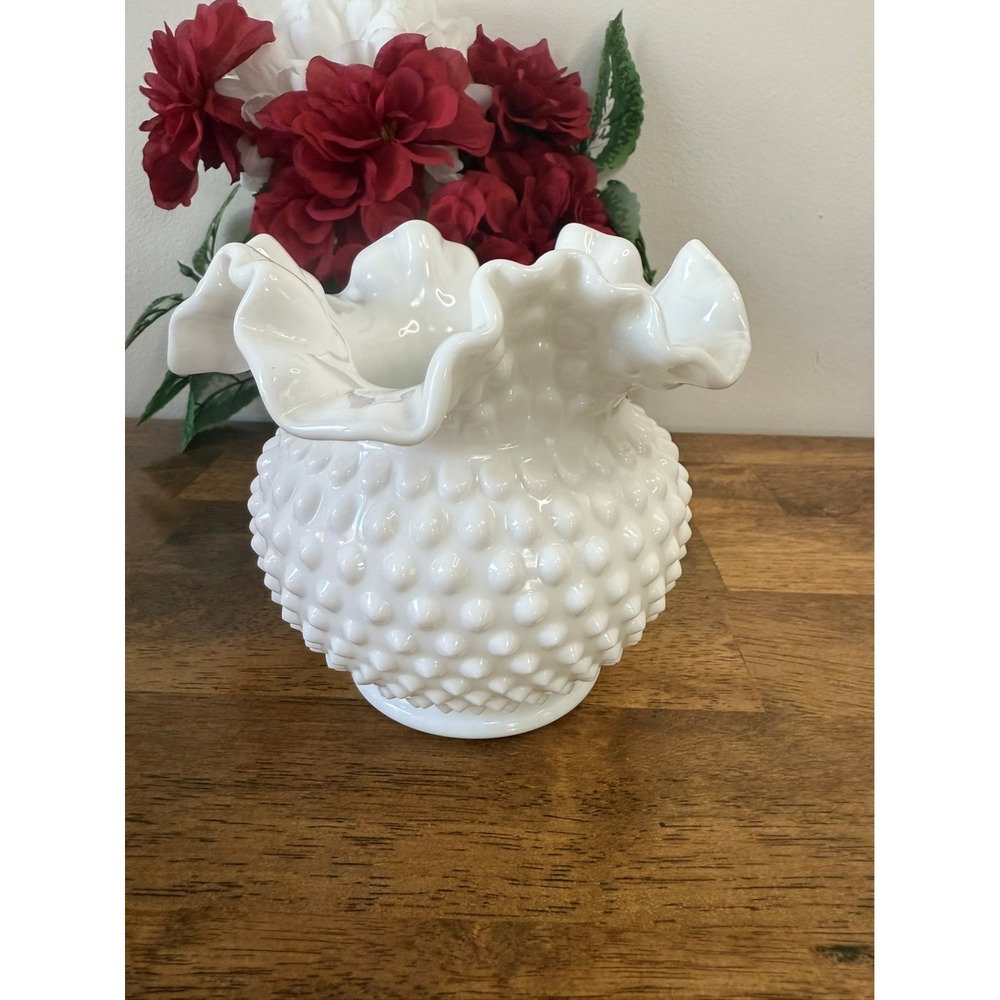 Vintage Milk Glass Hobnail Vase Ruffled Glossy Pedestal Bowl MCM Fenton Style